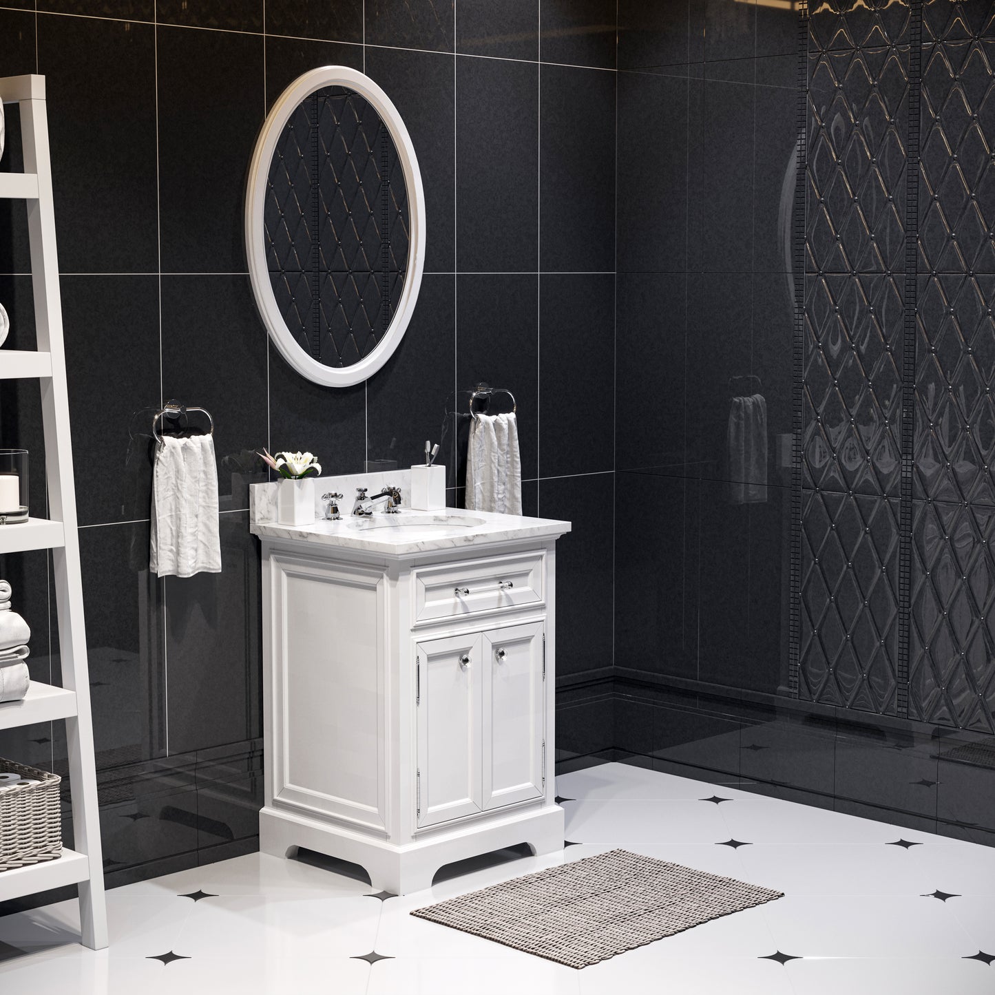Derby 24 in. x 34 in. H Bath Vanity in White with Marble Vanity Top in Carrara White with White Basin | Water Creation