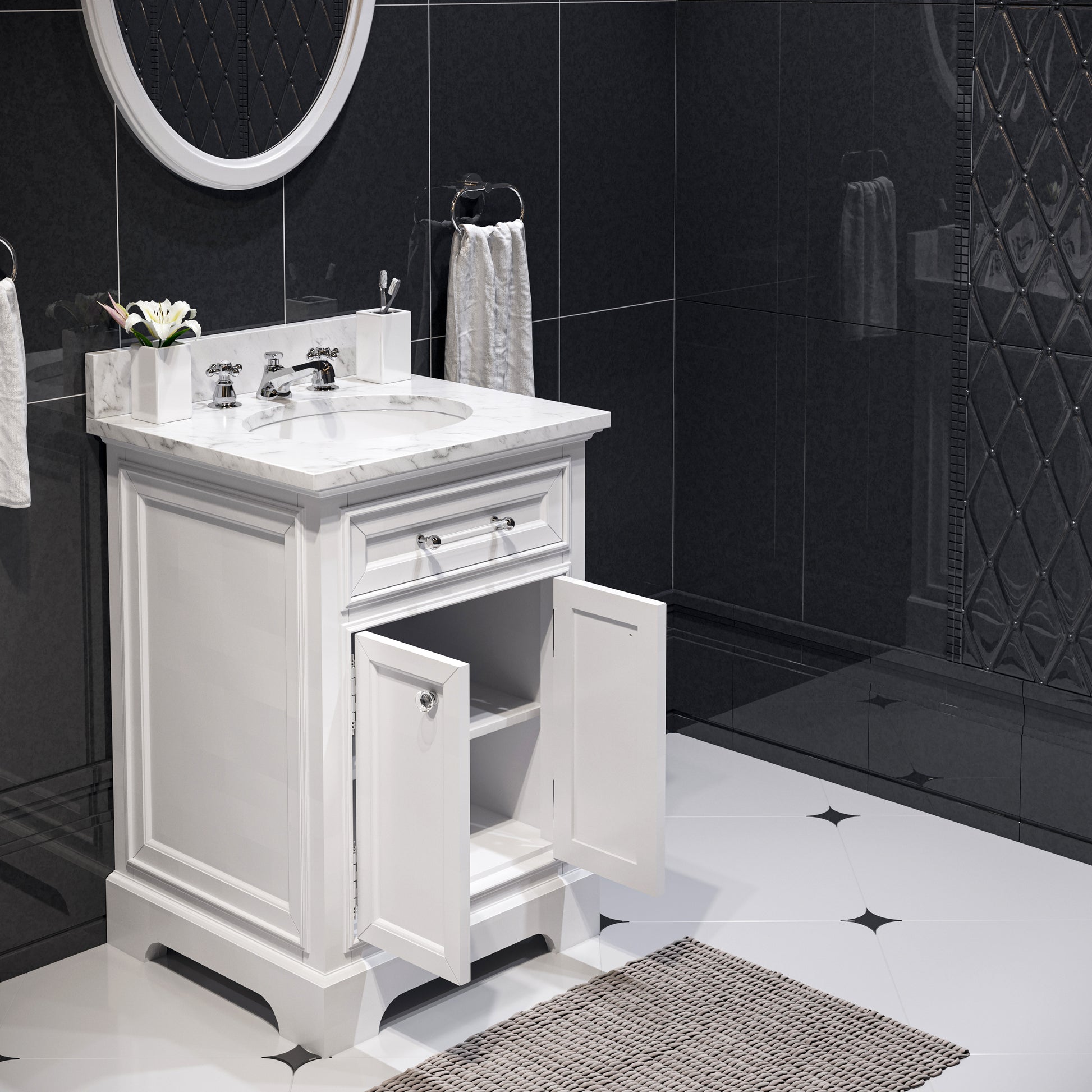 Derby 24 in. x 34 in. H Bath Vanity in White with Marble Vanity Top in Carrara White with White Basin | Water Creation