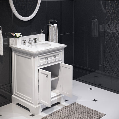 Derby 24 in. x 34 in. H Bath Vanity in White with Marble Vanity Top in Carrara White with White Basin | Water Creation
