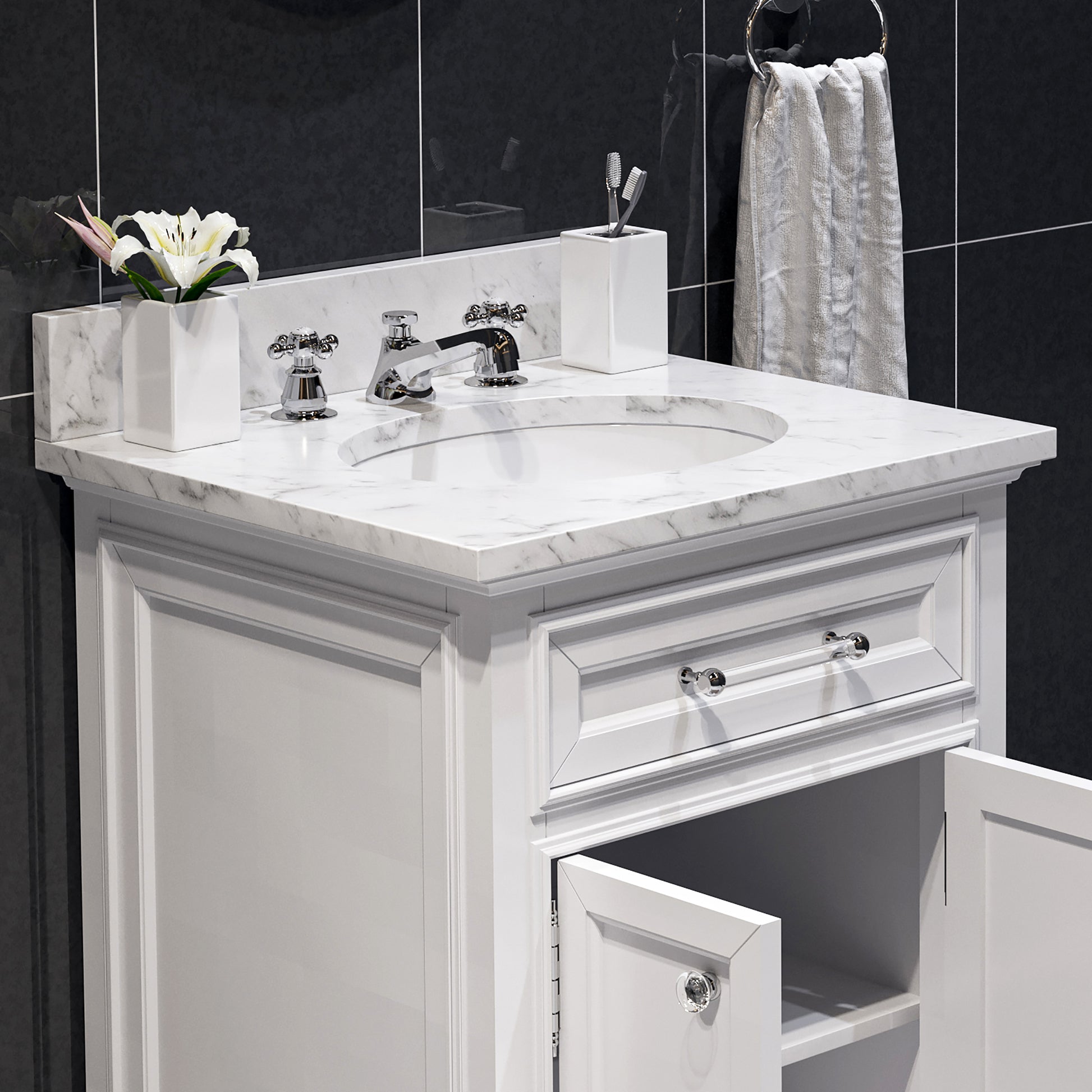 Derby 24 in. x 34 in. H Bath Vanity in White with Marble Vanity Top in Carrara White with White Basin | Water Creation