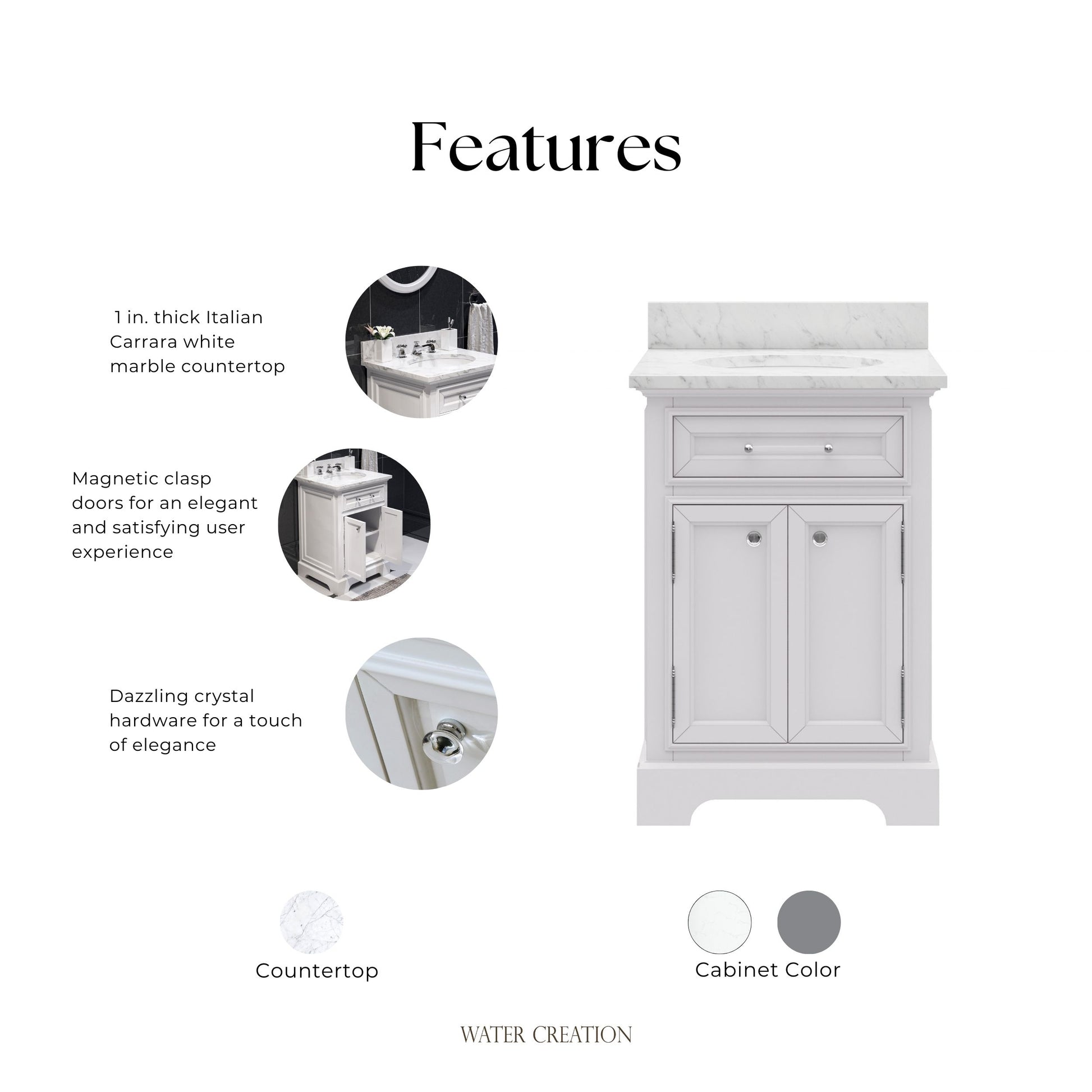 Derby 24 in. x 34 in. H Bath Vanity in White with Marble Vanity Top in Carrara White with White Basin | Water Creation