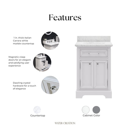 Derby 24 in. x 34 in. H Bath Vanity in White with Marble Vanity Top in Carrara White with White Basin | Water Creation