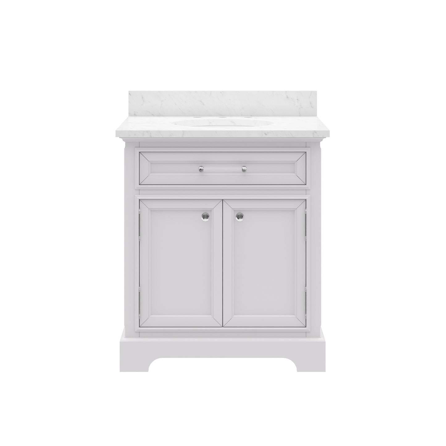 Derby 30 in. x 34 in. H Bath Vanity in White with Marble Vanity Top in Carrara White with White Basin | Water Creation