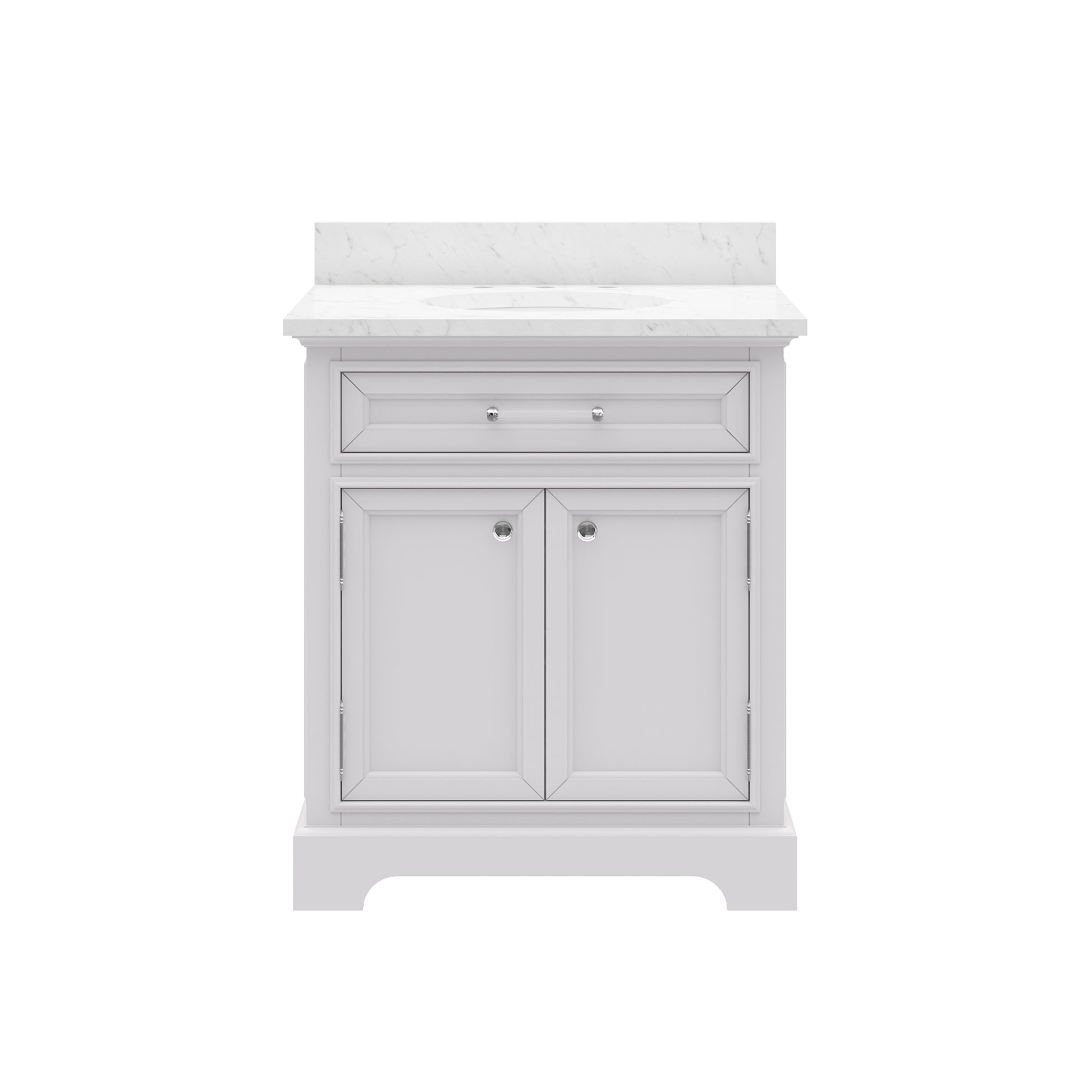 Derby 30 in. x 34 in. H Bath Vanity in White with Marble Vanity Top in Carrara White with White Basin | Water Creation