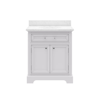 Derby 30 in. x 34 in. H Bath Vanity in White with Marble Vanity Top in Carrara White with White Basin | Water Creation