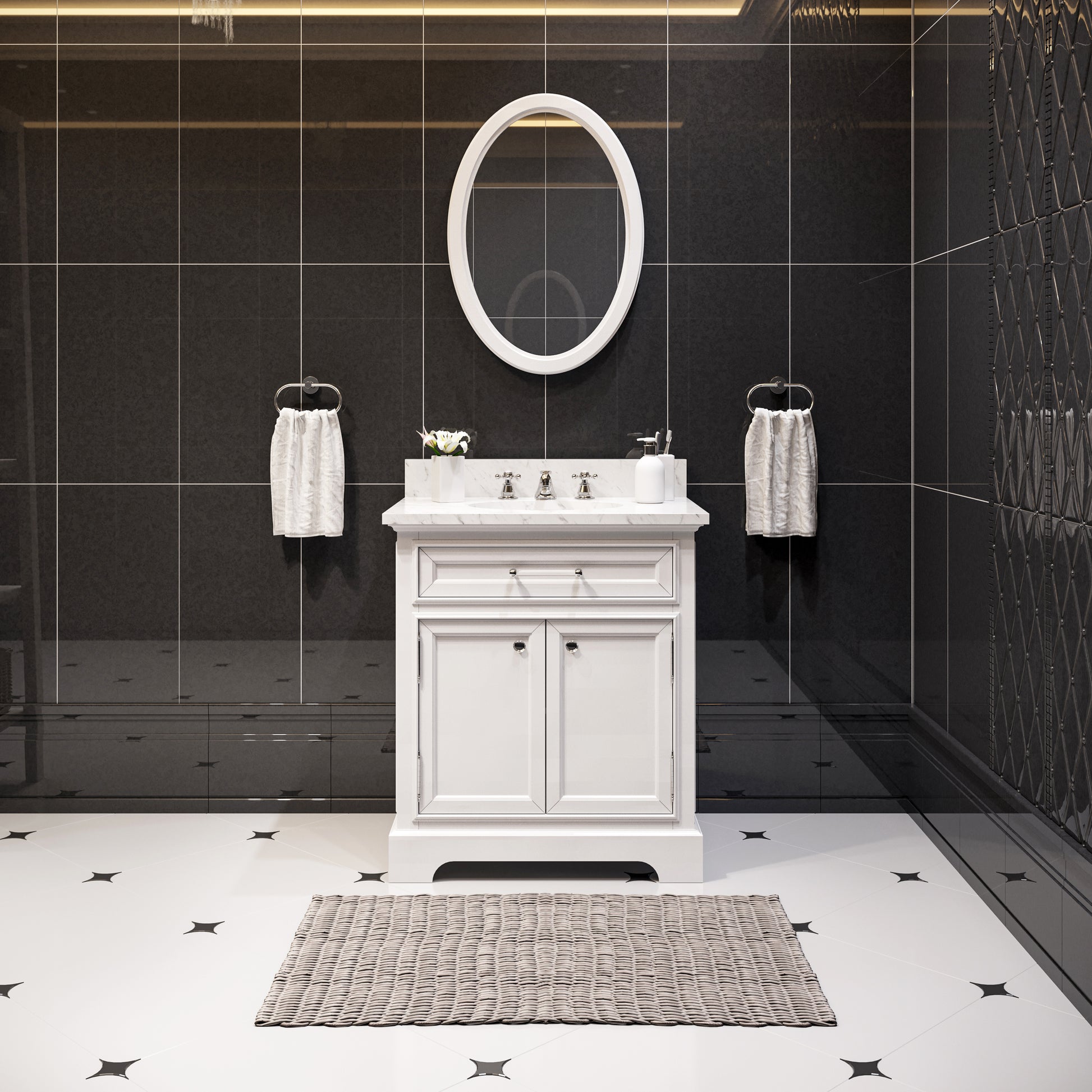 Derby 30 in. x 34 in. H Bath Vanity in White with Marble Vanity Top in Carrara White with White Basin | Water Creation