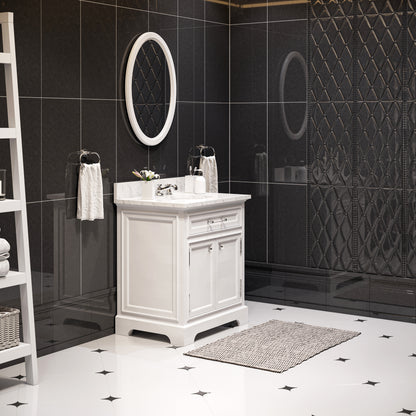 Derby 30 in. x 34 in. H Bath Vanity in White with Marble Vanity Top in Carrara White with White Basin | Water Creation