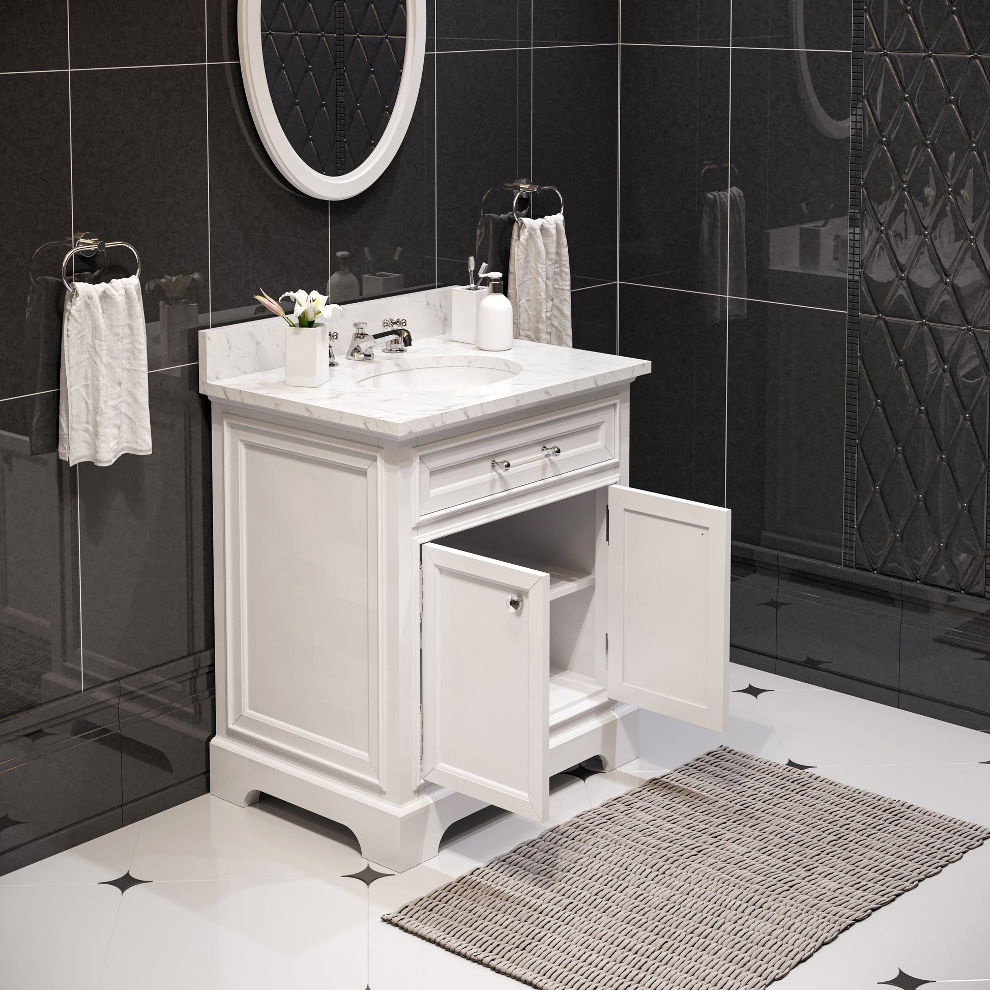 Derby 30 in. x 34 in. H Bath Vanity in White with Marble Vanity Top in Carrara White with White Basin | Water Creation