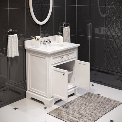 Derby 30 in. x 34 in. H Bath Vanity in White with Marble Vanity Top in Carrara White with White Basin | Water Creation
