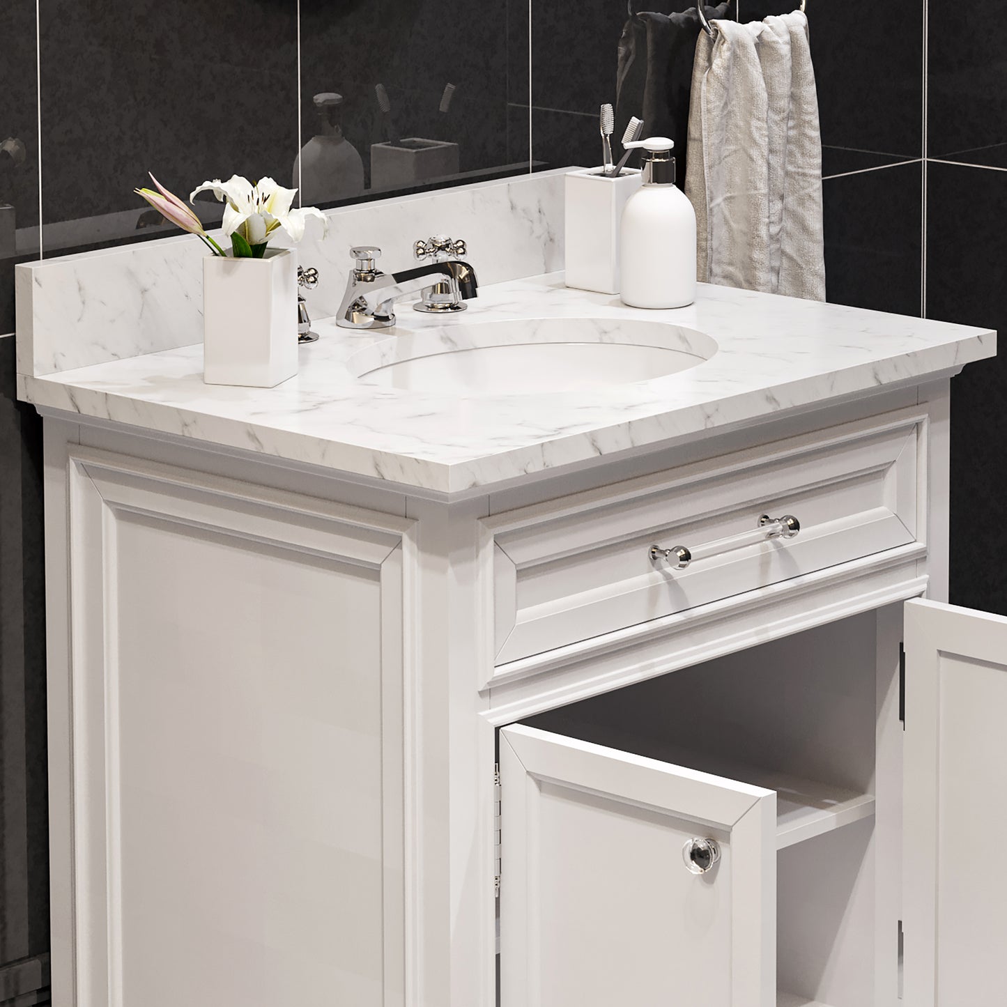 Derby 30 in. x 34 in. H Bath Vanity in White with Marble Vanity Top in Carrara White with White Basin | Water Creation
