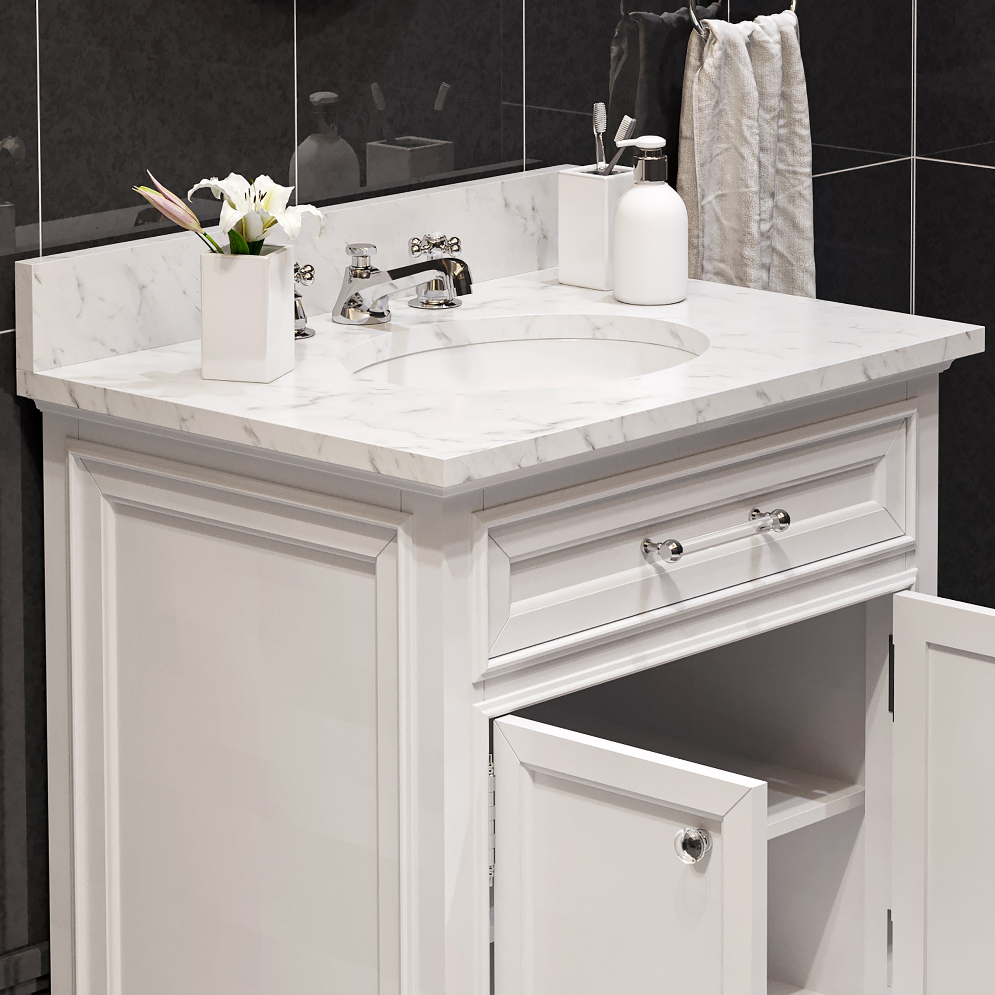 Derby 30 in. x 34 in. H Bath Vanity in White with Marble Vanity Top in Carrara White with White Basin | Water Creation