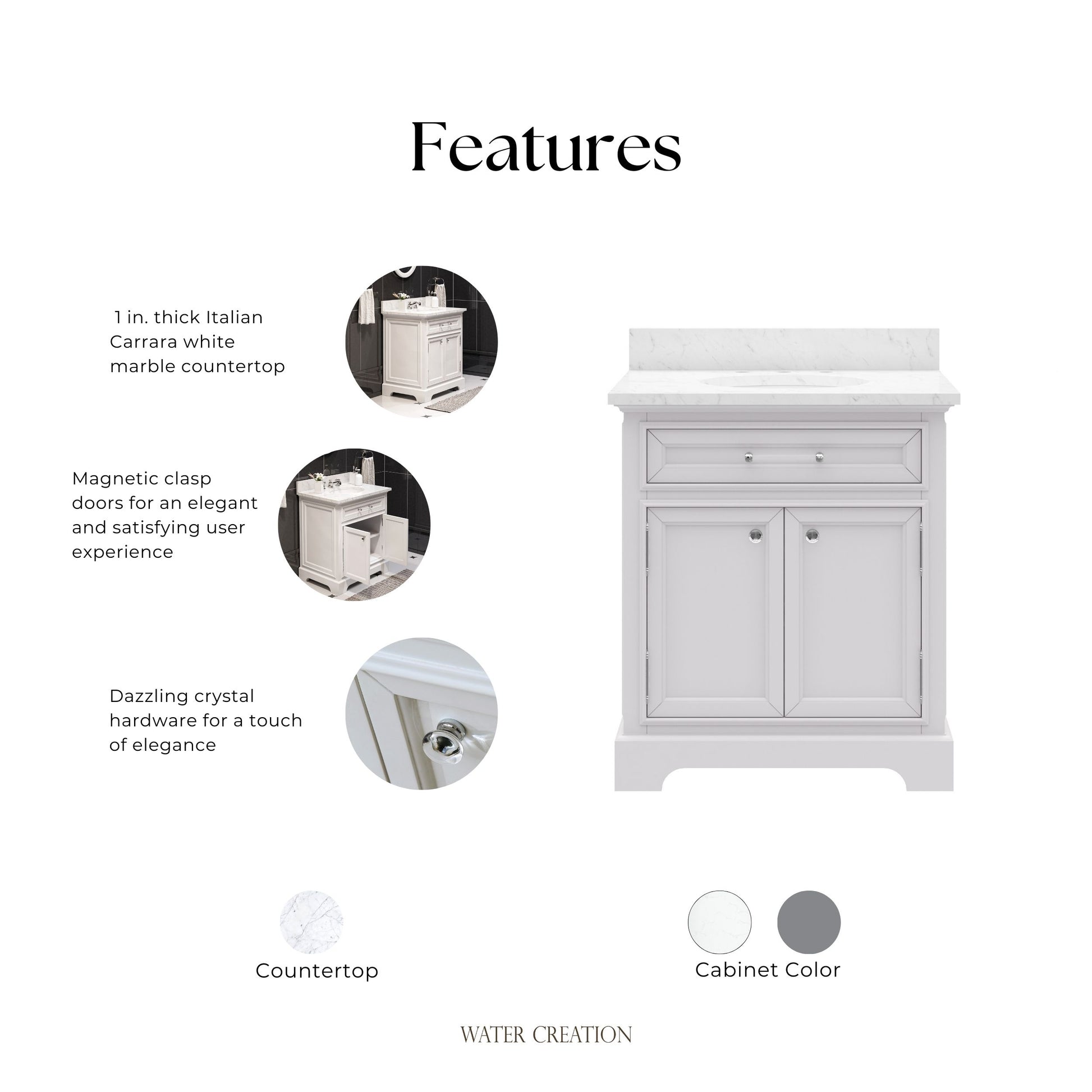Derby 30 in. x 34 in. H Bath Vanity in White with Marble Vanity Top in Carrara White with White Basin | Water Creation