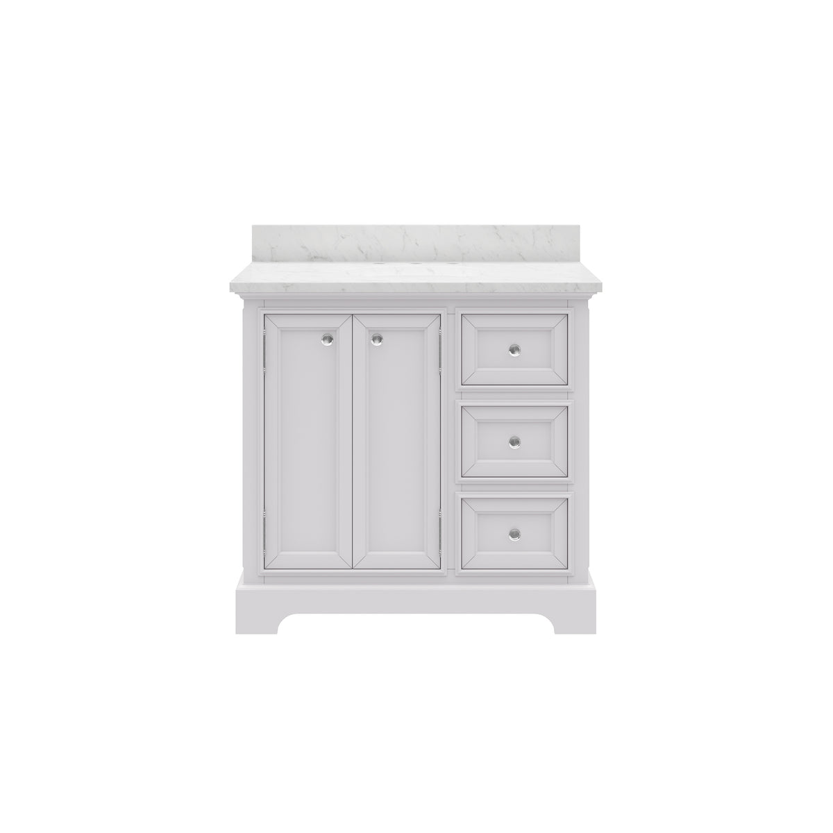 Derby 36 in. W x 34 in. H Vanity in White with Marble Vanity Top in Carrara White with White Basin | Water Creation