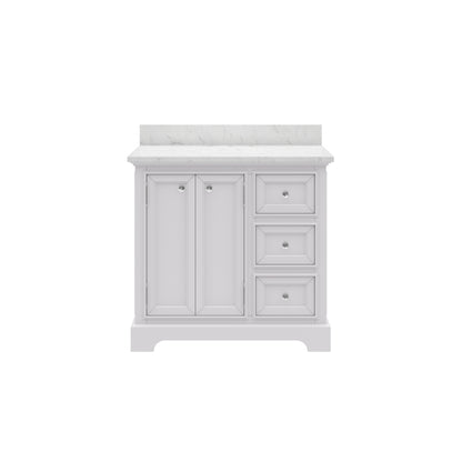 Derby 36 in. W x 34 in. H Vanity in White with Marble Vanity Top in Carrara White with White Basin | Water Creation