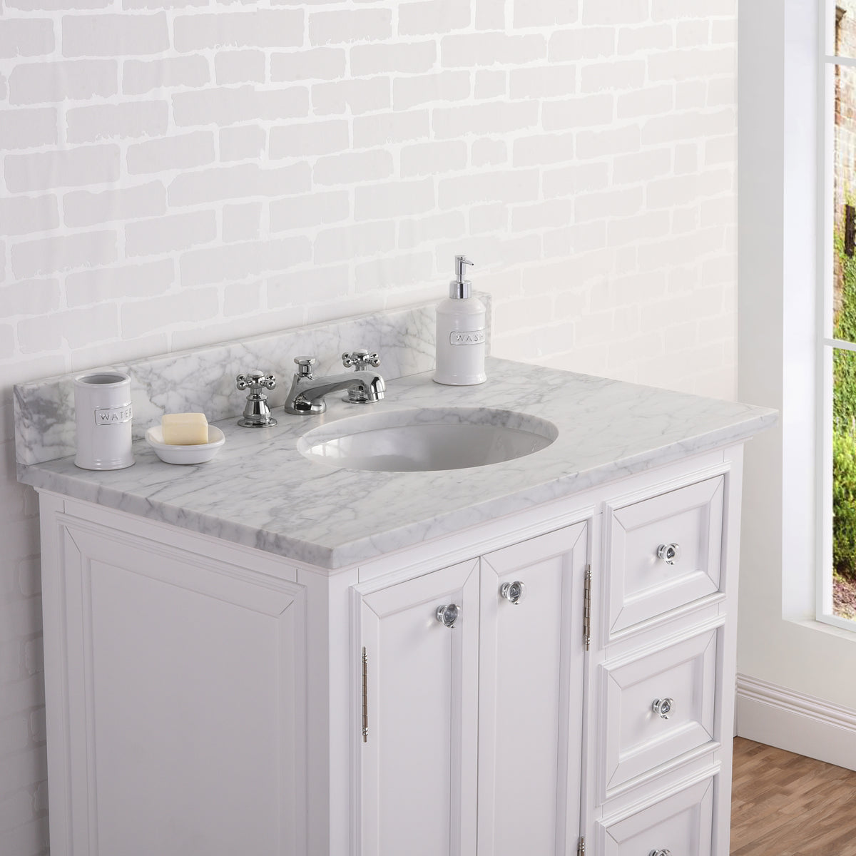 Derby 36 in. W x 34 in. H Vanity in White with Marble Vanity Top in Carrara White with White Basin | Water Creation