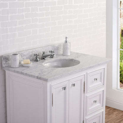 Derby 36 in. W x 34 in. H Vanity in White with Marble Vanity Top in Carrara White with White Basin | Water Creation