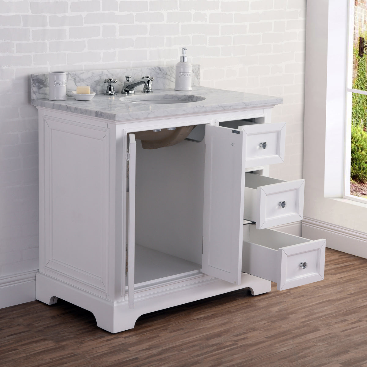 Derby 36 in. W x 34 in. H Vanity in White with Marble Vanity Top in Carrara White with White Basin | Water Creation