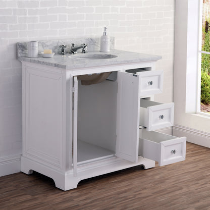 Derby 36 in. W x 34 in. H Vanity in White with Marble Vanity Top in Carrara White with White Basin | Water Creation