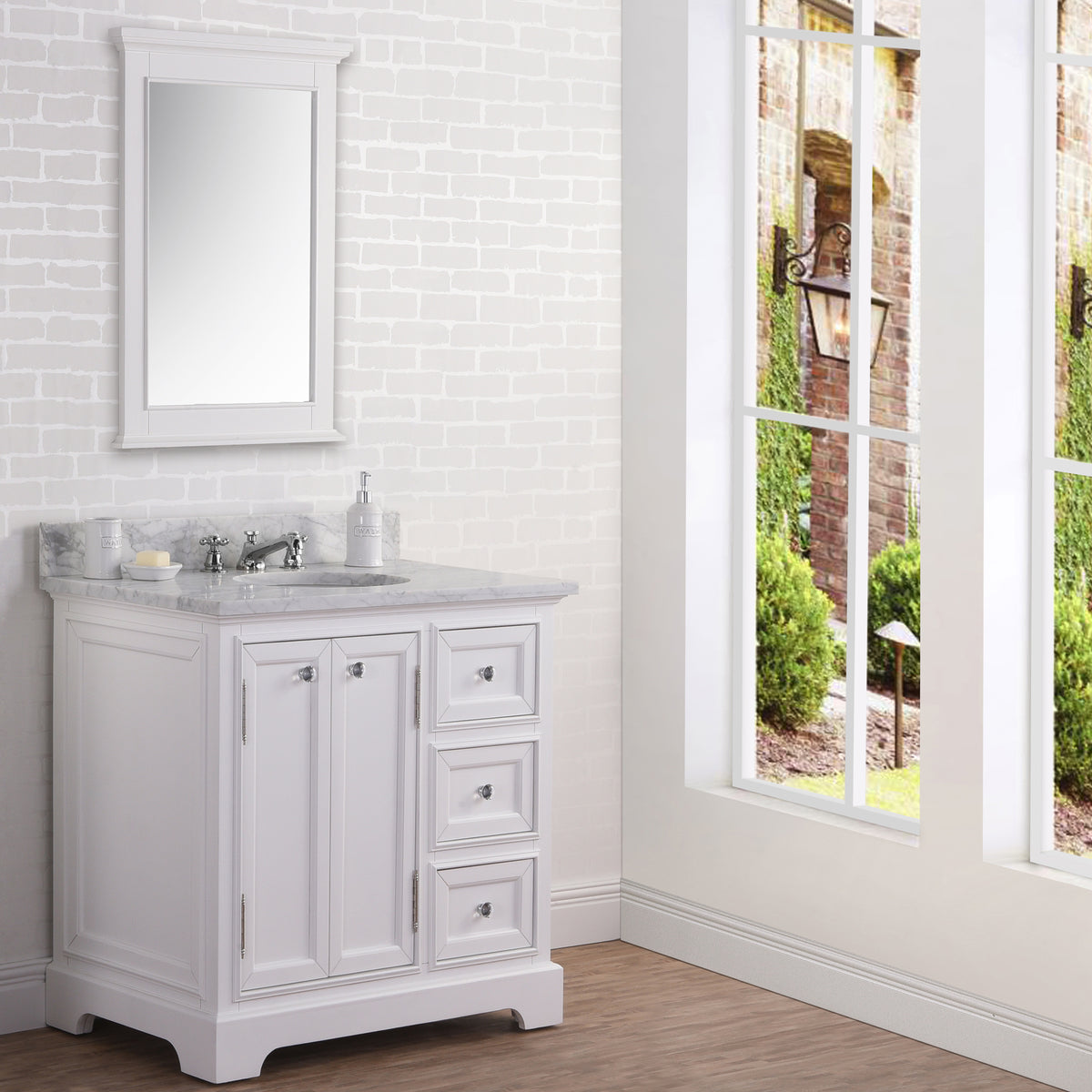 Derby 36 in. W x 34 in. H Vanity in White with Marble Vanity Top in Carrara White with White Basin | Water Creation