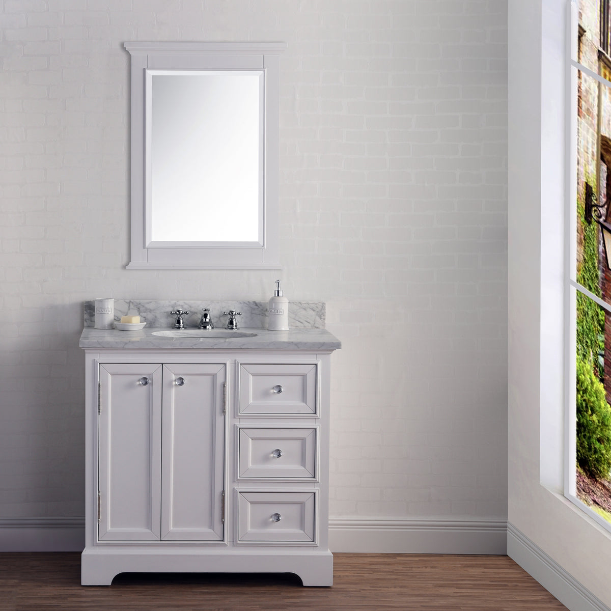 Derby 36 in. W x 34 in. H Vanity in White with Marble Vanity Top in Carrara White with White Basin | Water Creation