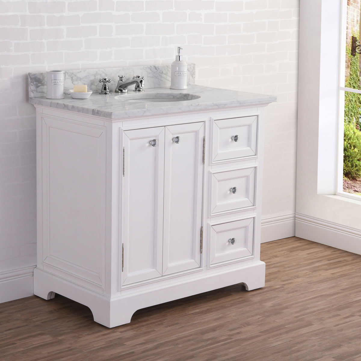 Derby 36 in. W x 34 in. H Vanity in White with Marble Vanity Top in Carrara White with White Basin | Water Creation