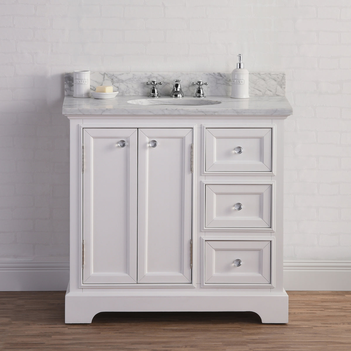 Derby 36 in. W x 34 in. H Vanity in White with Marble Vanity Top in Carrara White with White Basin | Water Creation