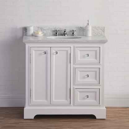 Derby 36 in. W x 34 in. H Vanity in White with Marble Vanity Top in Carrara White with White Basin | Water Creation