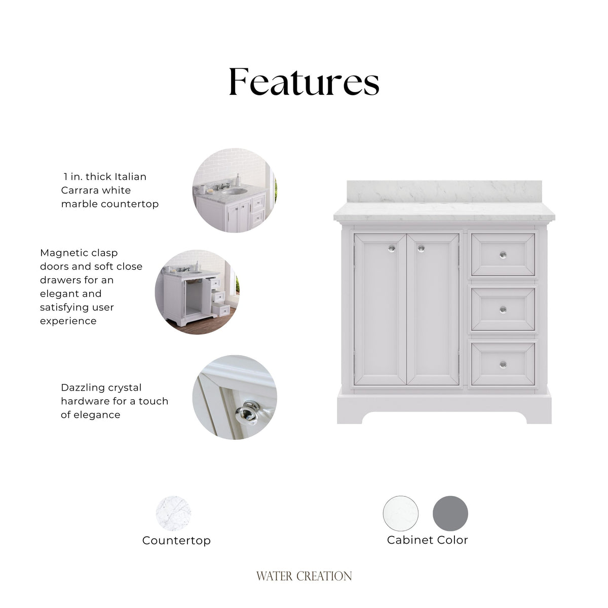 Derby 36 in. W x 34 in. H Vanity in White with Marble Vanity Top in Carrara White with White Basin | Water Creation