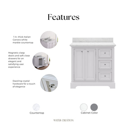 Derby 36 in. W x 34 in. H Vanity in White with Marble Vanity Top in Carrara White with White Basin | Water Creation