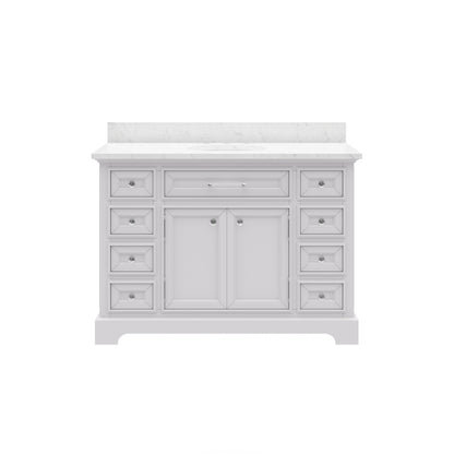 Derby 48 in. x 34 in. H Bath Vanity in White with Marble Vanity Top in Carrara White with White Basin | Water Creation