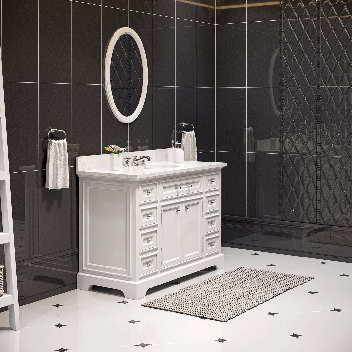 Derby 48 in. x 34 in. H Bath Vanity in White with Marble Vanity Top in Carrara White with White Basin | Water Creation