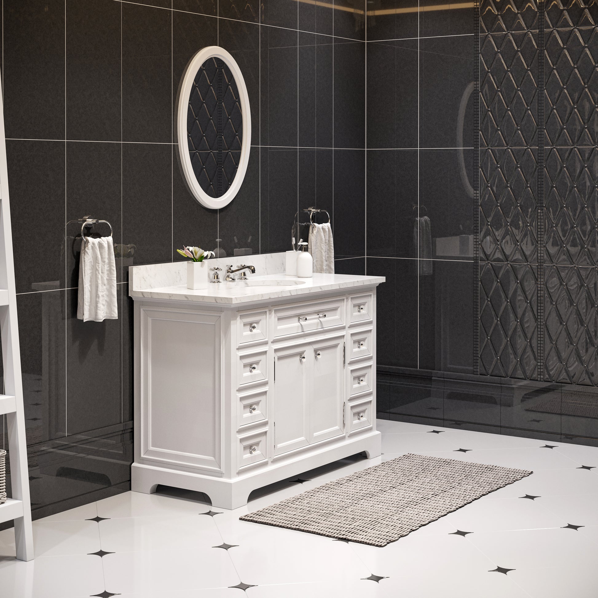 Derby 48 in. x 34 in. H Bath Vanity in White with Marble Vanity Top in Carrara White with White Basin | Water Creation