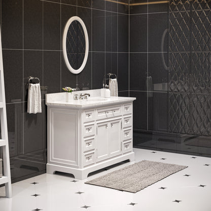 Derby 48 in. x 34 in. H Bath Vanity in White with Marble Vanity Top in Carrara White with White Basin | Water Creation