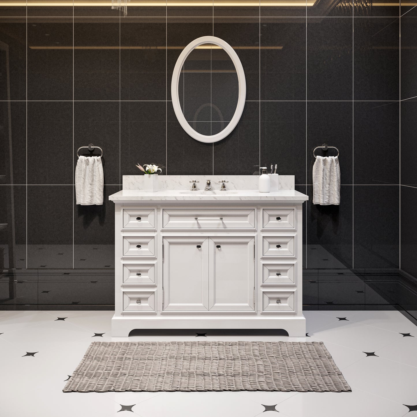Derby 48 in. x 34 in. H Bath Vanity in White with Marble Vanity Top in Carrara White with White Basin | Water Creation