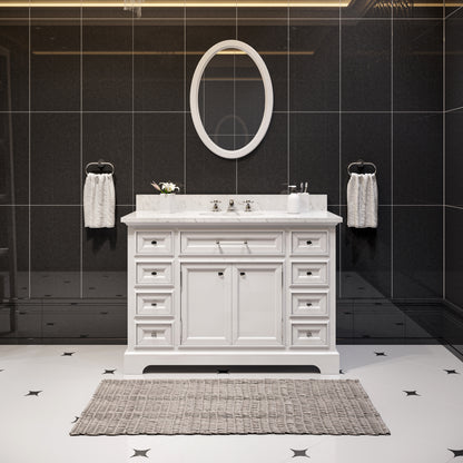 Derby 48 in. x 34 in. H Bath Vanity in White with Marble Vanity Top in Carrara White with White Basin | Water Creation