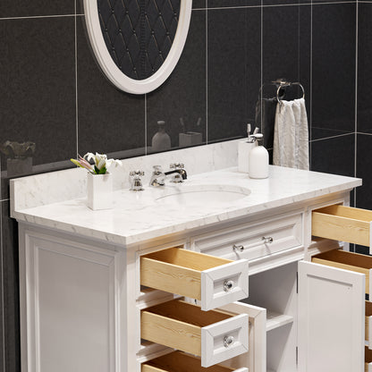 Derby 48 in. x 34 in. H Bath Vanity in White with Marble Vanity Top in Carrara White with White Basin | Water Creation