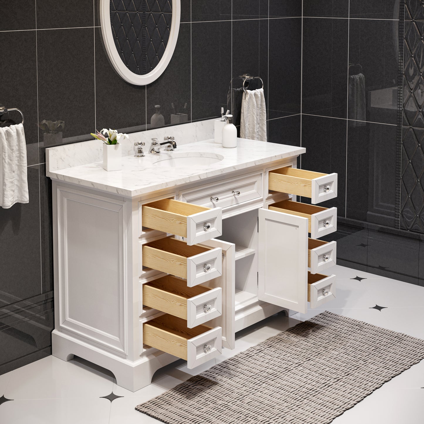 Derby 48 in. x 34 in. H Bath Vanity in White with Marble Vanity Top in Carrara White with White Basin | Water Creation