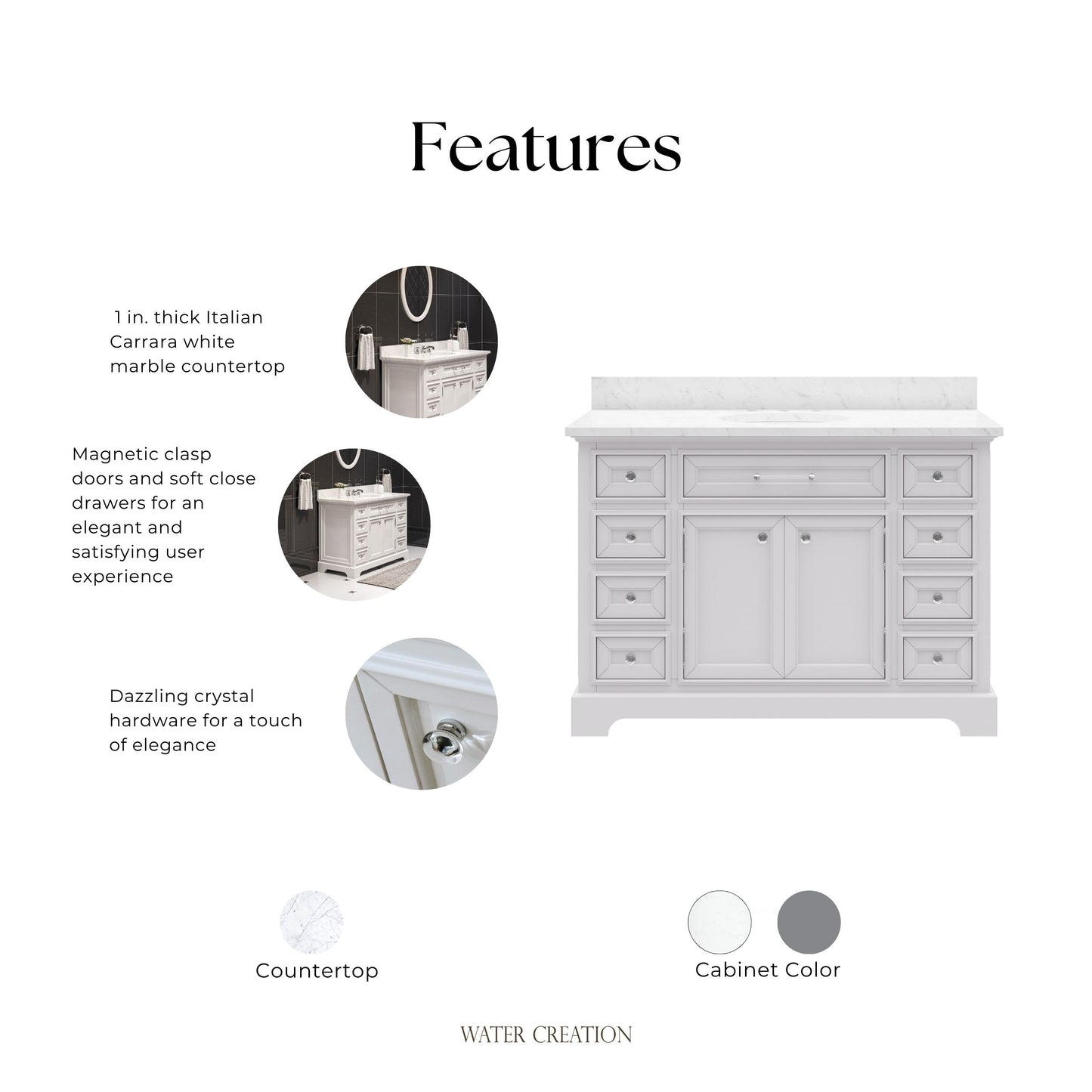 Derby 48 in. x 34 in. H Bath Vanity in White with Marble Vanity Top in Carrara White with White Basin | Water Creation