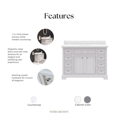 Derby 48 in. x 34 in. H Bath Vanity in White with Marble Vanity Top in Carrara White with White Basin | Water Creation