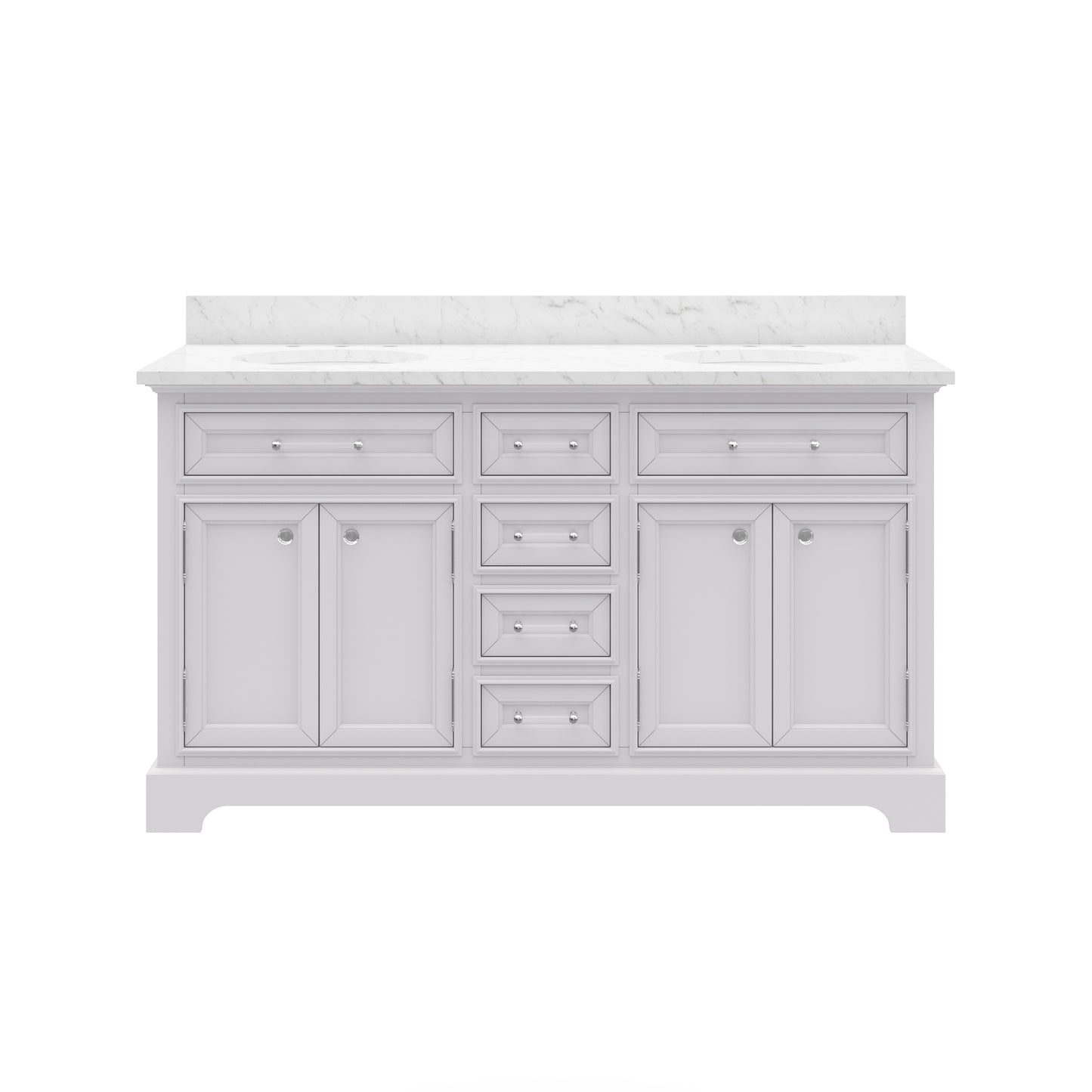 Derby 60 in. x 34 in. H Bath Vanity in White with Marble Vanity Top in Carrara White with White Basin | Water Creation