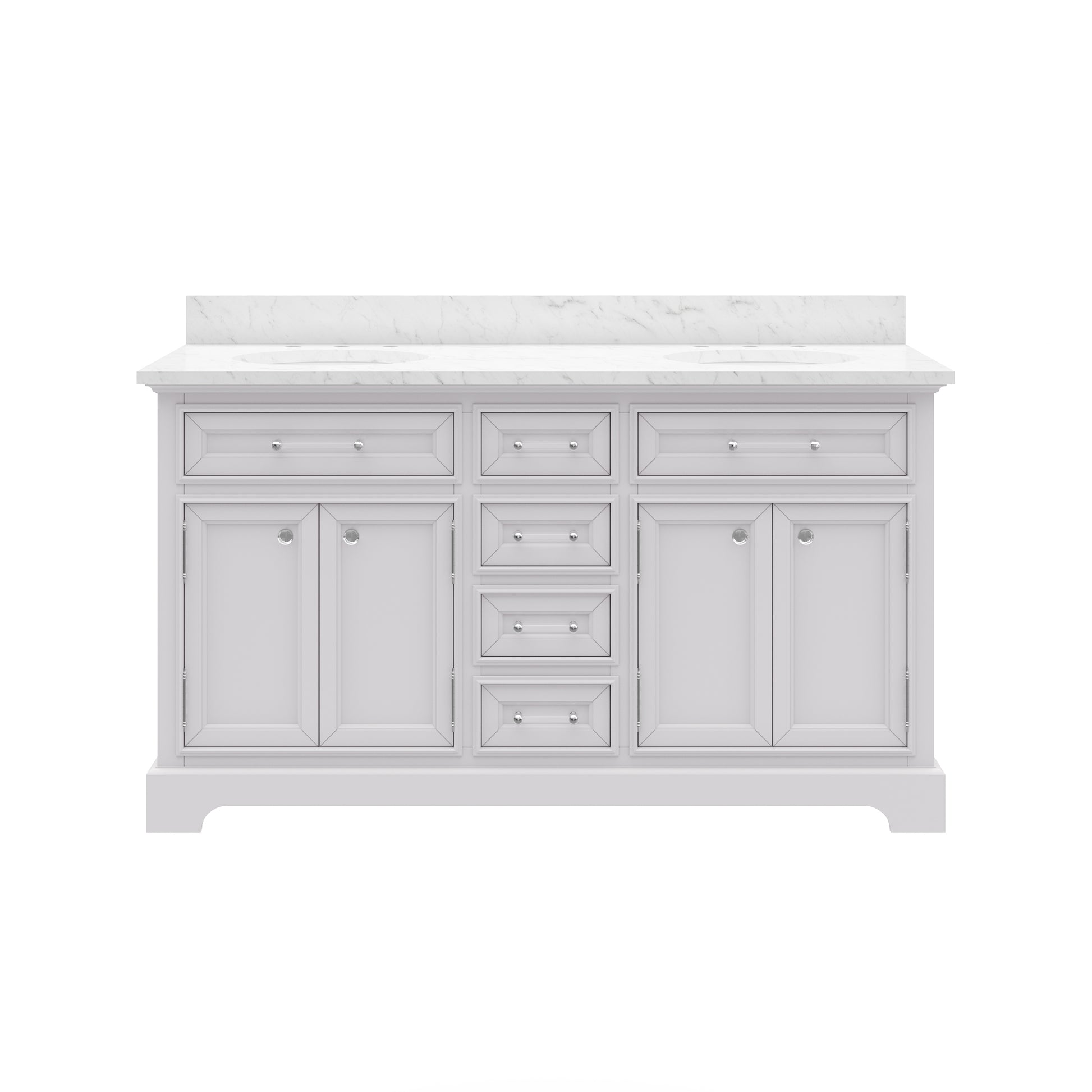 Derby 60 in. x 34 in. H Bath Vanity in White with Marble Vanity Top in Carrara White with White Basin | Water Creation