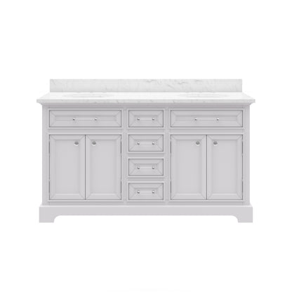 Derby 60 in. x 34 in. H Bath Vanity in White with Marble Vanity Top in Carrara White with White Basin | Water Creation