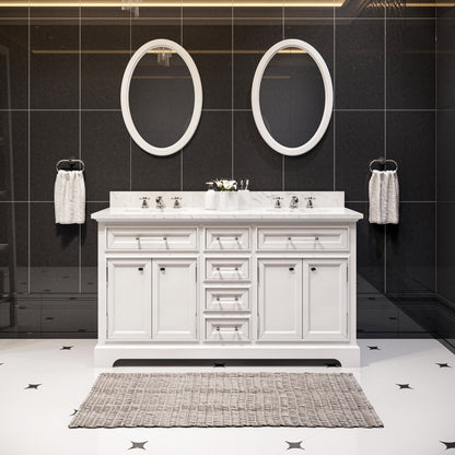 Derby 60 in. x 34 in. H Bath Vanity in White with Marble Vanity Top in Carrara White with White Basin | Water Creation