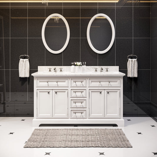 Derby 60 in. x 34 in. H Bath Vanity in White with Marble Vanity Top in Carrara White with White Basin | Water Creation