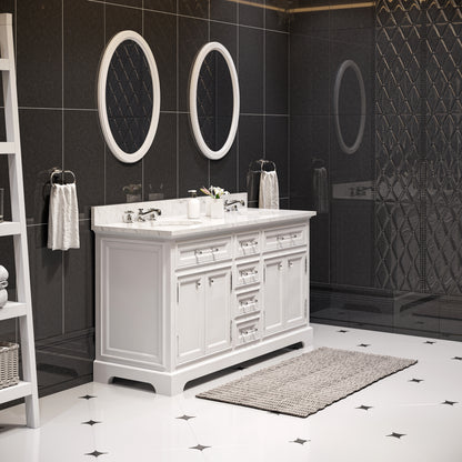 Derby 60 in. x 34 in. H Bath Vanity in White with Marble Vanity Top in Carrara White with White Basin | Water Creation
