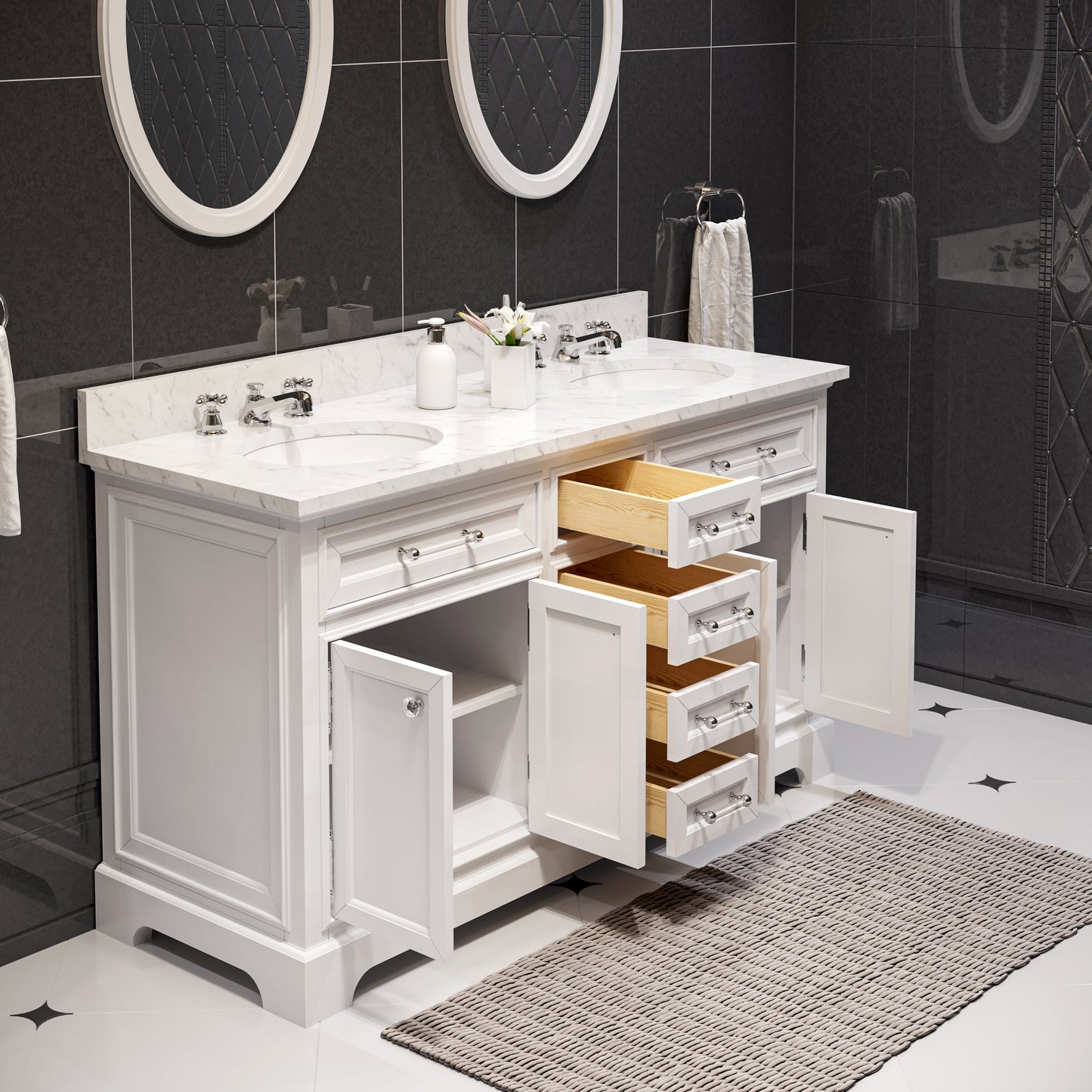 Derby 60 in. x 34 in. H Bath Vanity in White with Marble Vanity Top in Carrara White with White Basin | Water Creation