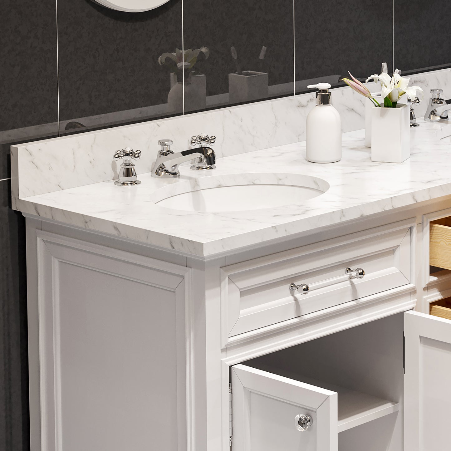 Derby 60 in. x 34 in. H Bath Vanity in White with Marble Vanity Top in Carrara White with White Basin | Water Creation