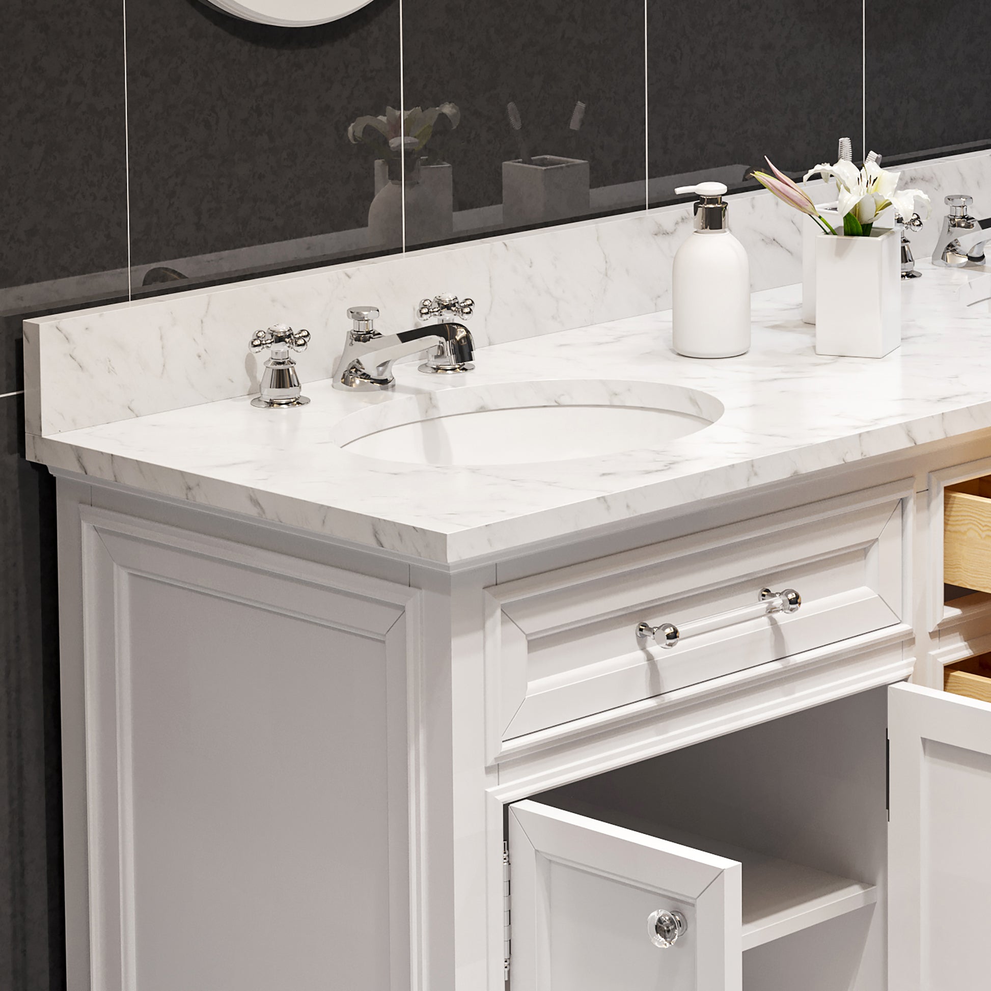 Derby 60 in. x 34 in. H Bath Vanity in White with Marble Vanity Top in Carrara White with White Basin | Water Creation