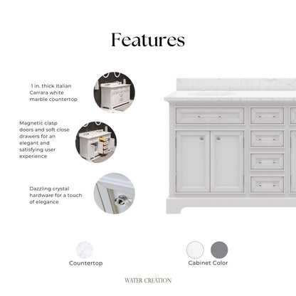 Derby 60 in. x 34 in. H Bath Vanity in White with Marble Vanity Top in Carrara White with White Basin | Water Creation