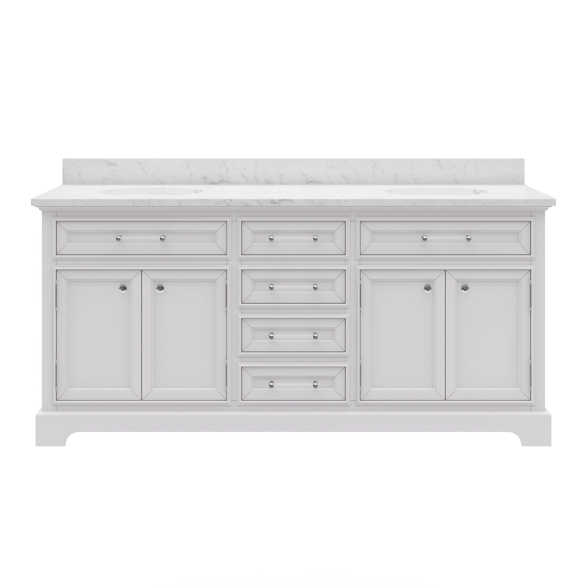 Derby 72 in. x 34 in. H Bath Vanity in White with Marble Vanity Top in Carrara White with White Basin | Water Creation